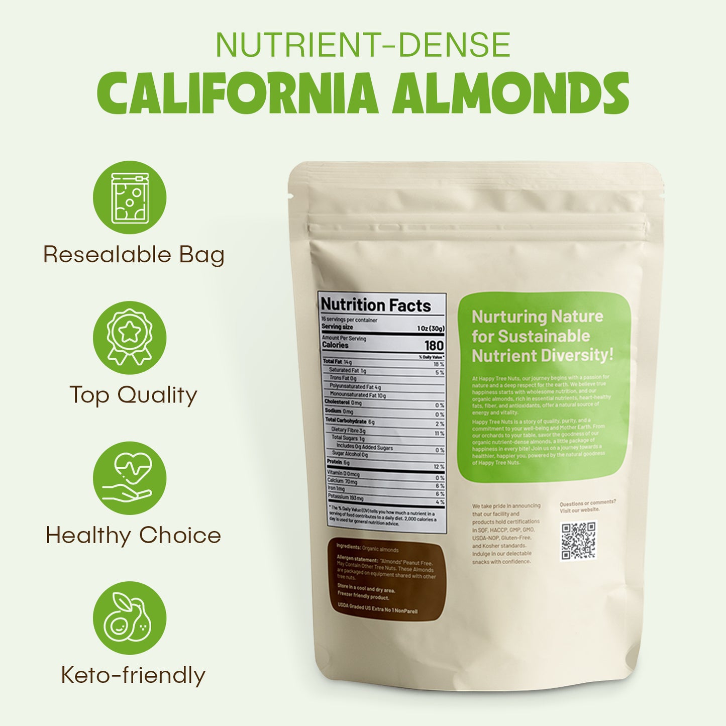 Happy Tree Nuts Organic Whole Natural Almonds